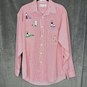 Lighthouse Button Up Shirt Mens Medium Long‎ Sleeve Nautical Red White Striped